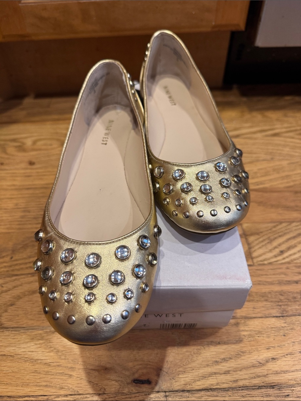 Nine West Gold Studded Crystal Ballet Flats